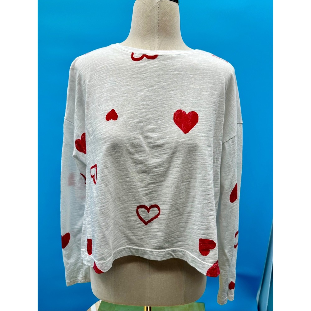 RACHEL Rachel Roy White‎ L/Sleeve Cropped T Shirt Red Hearts Graphic Print Top M